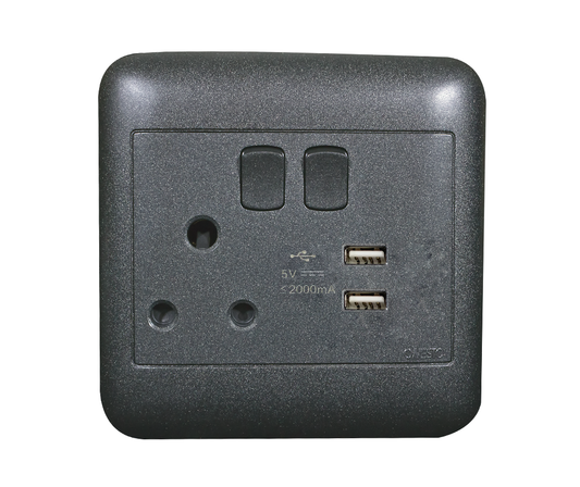 4X4 Black Switched Socket+ 2 Usb Socket